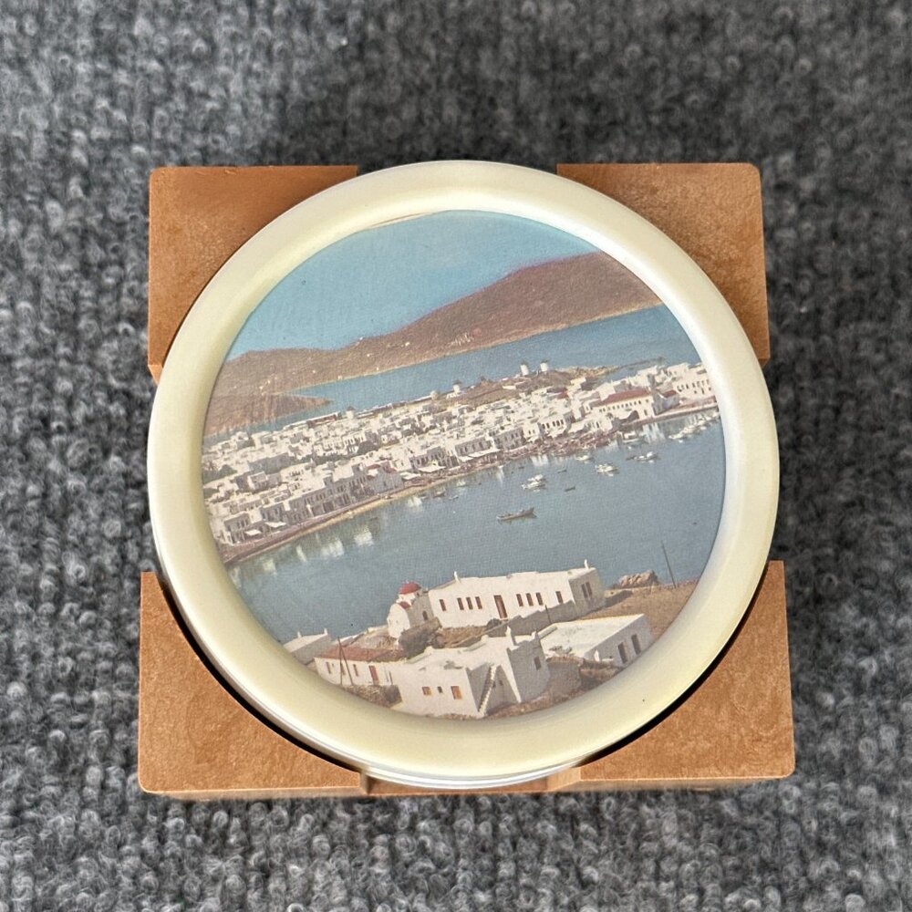 Vintage Greece Coasters White Plastic Travel Destination Photographs Set of 6 - Picture 4 of 13